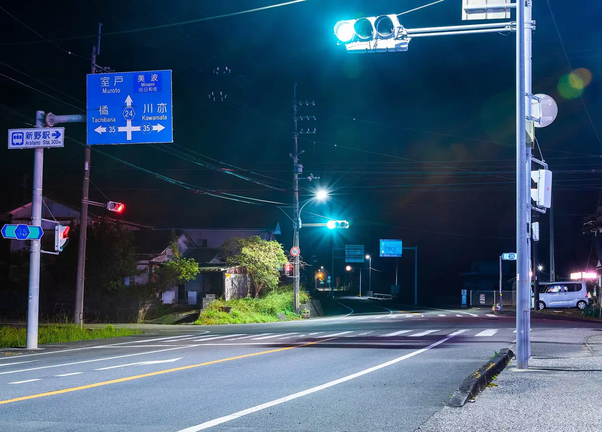 夜の交差点で、はっきりと緑色に光っている日本の車両用信号機