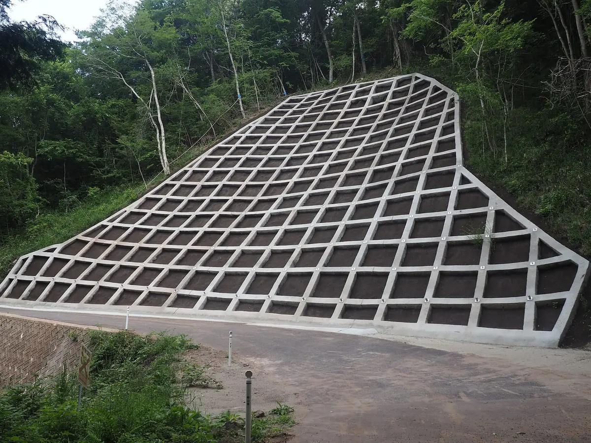 道路脇の斜面一面を、白いコンクリートの格子枠が覆っている法枠工（岡山県道300号線）