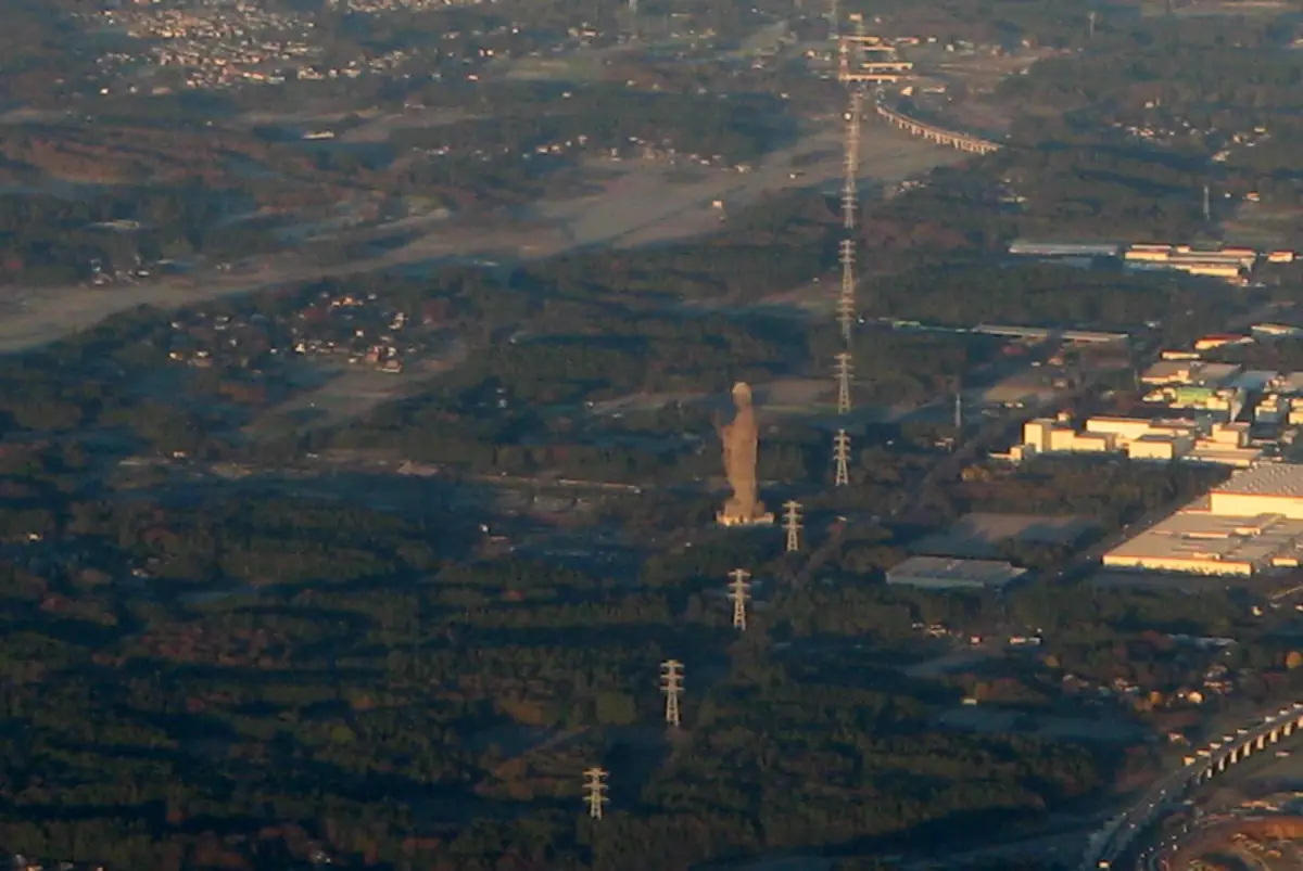 上空から見た牛久大仏。森の中に立つ大仏の横に送電鉄塔が並び、鉄塔より大仏のほうがずっと高い